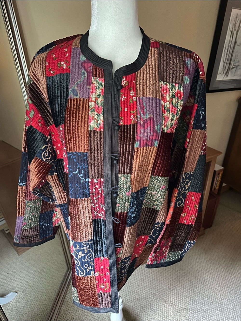 Vintage Sam Hilu‎ Patchwork Quilted Jacket Velvet Floral Boho Art to Wear L /XL